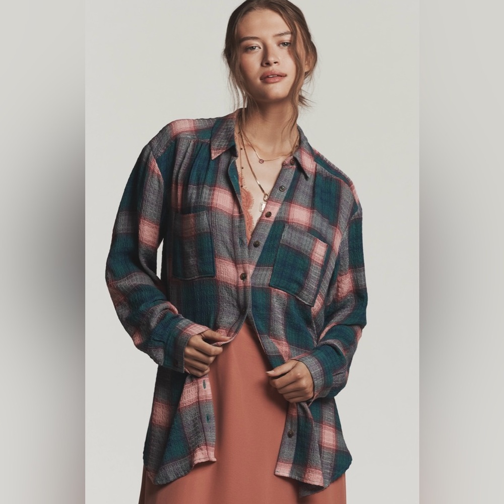 Pilcro/Anthropologie The Hadley Relaxed Plaid Buttondown Shirt in Blue/Green NWT